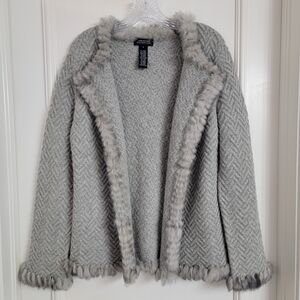 JONES NEW YORK SIGNATURE Wool Angora Fur Trim Open Front Cardigan Jacket Gray L